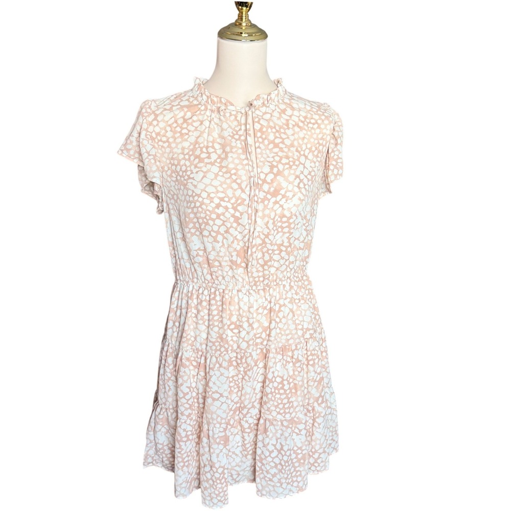 Blu Pepper Women Beige White Abstract Print Ruffle Neck Tiered Mini Dress Size L